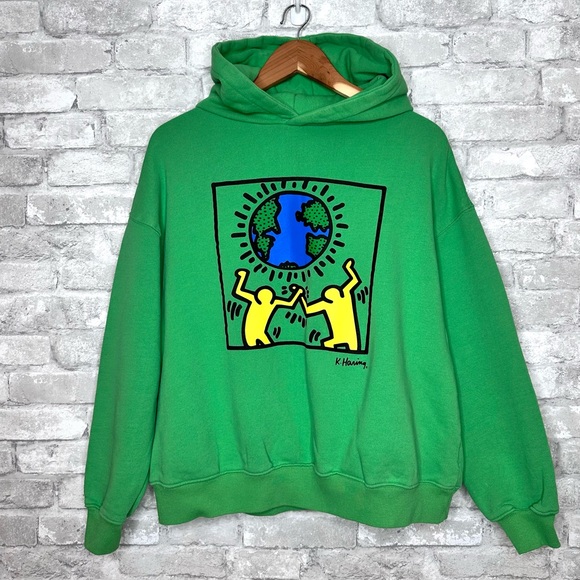 Keith Haring x Cotton On Sweatshirt Hoodie Size Medium Logo Dancing Earth Green - Picture 4 of 10